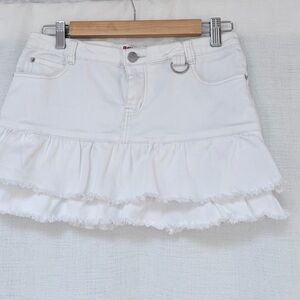 Bik Bok original white ruffle edge mini skirt.Stretch denim,logo buttons.Size M